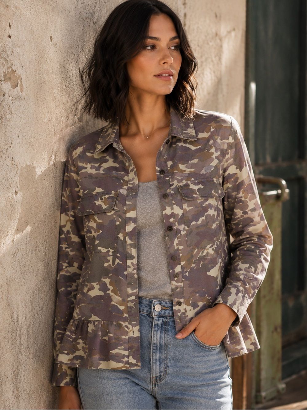VELVET HEART Camo Button Down Shirt Bottom Ruffle Green S
